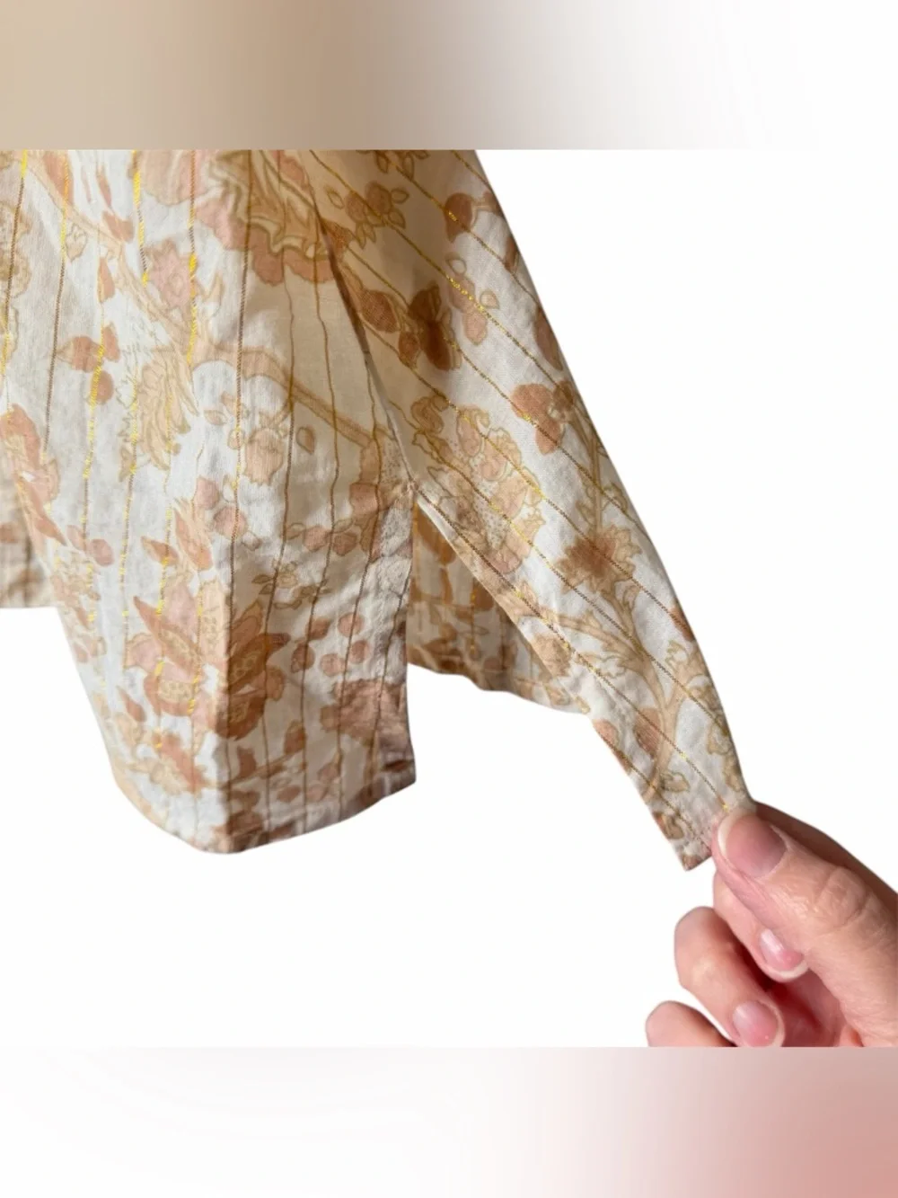 Cleobella Tan Metallic Stripe Floral Puff Sleeve Blouse Size Small Gold Cream - Picture 6 of 8